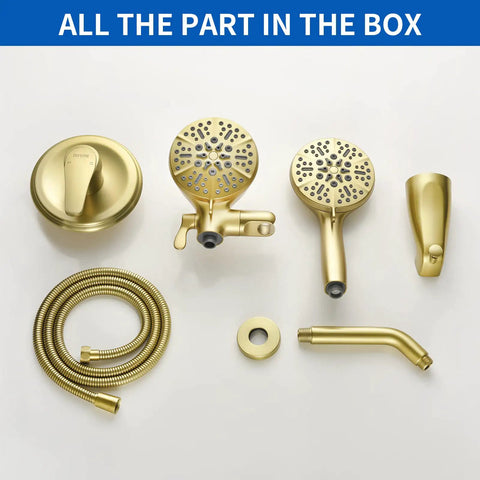 Brushed Gold All-In-One Dual Shower Faucet Set With Tub Spout And Trim Kit, Handheld And Fixed Shower Heads, components shown.