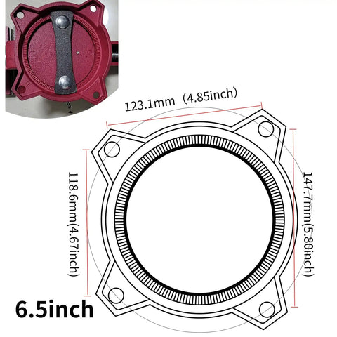 Diagram showing dimensions of Beefy Heavy Duty 6.5 Inch Bench Vise With Anvil, ductile iron body, with 360 degree swivel mechanism.