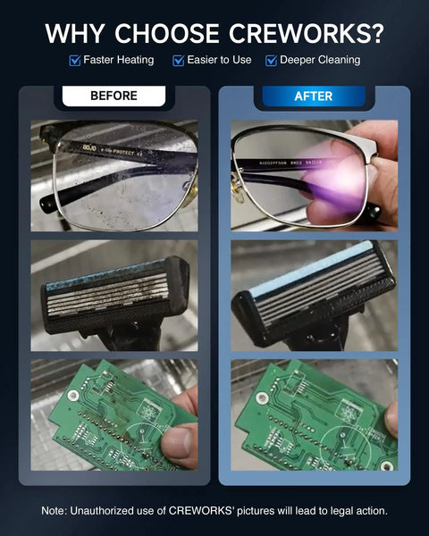 Comparison of glasses, razor, and circuit board before and after cleaning with 3L Ultrasonic Cleaner With Degas And Gentle Modes 120W Heater.