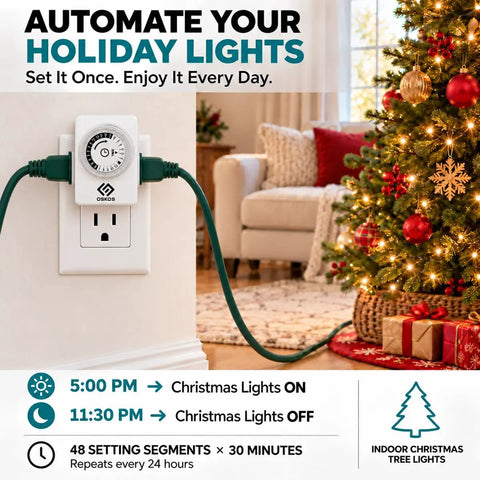 Total Snap 24 Hour Mechanical Outlet Timer With 30 Minute Setting Pins And Dual Grounded Outlets For Dead Simple Daily On Off Scheduling Christmas Trees And Small Appliances Killer Price Two Pack Bundle plugged into wall, controlling Christmas tree lights.