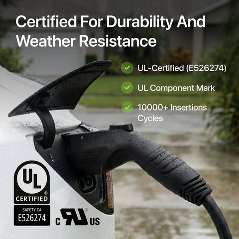 Beefy 40 Amp Level 2 J1772 EV Charger Replacement Cable in use, UL and IP67 certified for durability, outdoor charging view