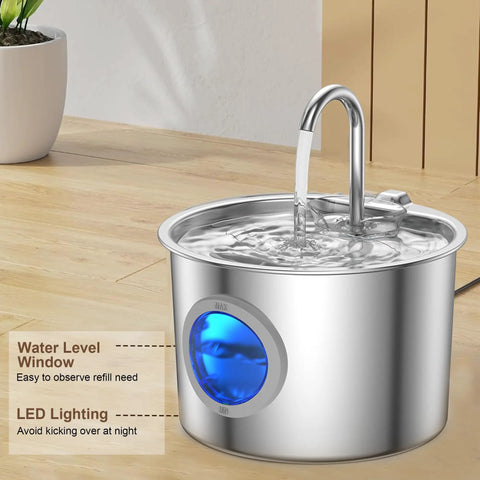 No Brainer Cat Water Fountain in Premium 304 Stainless Steel with 2.2L Detachable Tank featuring LED lighting and water level window