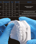 Hands holding dental model with bubble-free 2.0mm thermoforming sheets, 5x5 inch, for custom splints and appliances in dental lab.