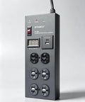 Heavy Duty Six Outlet Power Conditioner With Surge Protection And Voltage Regulator For Home Workspace, showing six outlets and voltage display.