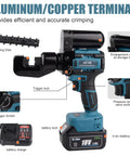 Heavy Duty Electric Hydraulic 8 Ton Battery Cable Crimping Tool With Nine Fast Swap Dies for efficient crimping and 18V battery operation.