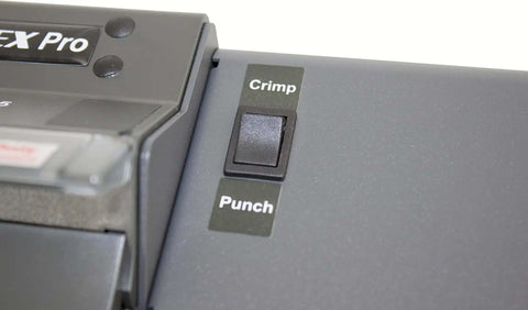 Close-up of control buttons on All-In-One Coil Punch, Electric Inserter and Electric Coil Crimper for Oval Holes, 4:1 Pitch, 25 Sheets