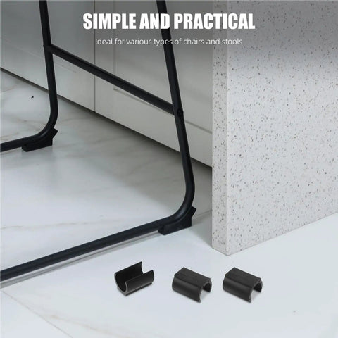 Three black U Shaped Floor Glides For Hardwood Floors 48 Pack Chair Leg Caps with No Slip Ribbed Surface on white floor with chair leg.