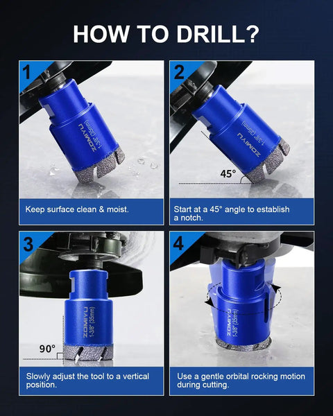 Step-by-step guide for Heavy Duty 2 Pack 5/8 Inch Diamond Hole Saw And Vacuum Brazed Wet Dry Core Bit For Porcelain Tile.