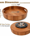Top Shelf 12 Inch Acacia Wood Lazy Susan Turntable Organizer with dimensions and rotating feature shown.