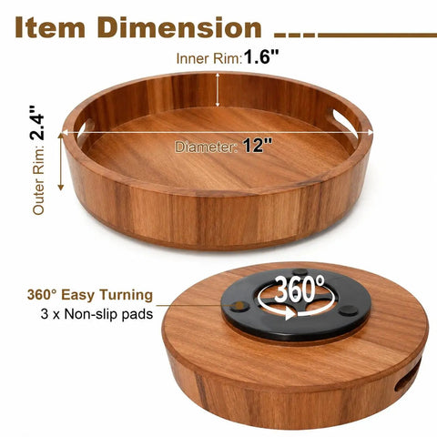 Top Shelf 12 Inch Acacia Wood Lazy Susan Turntable Organizer with dimensions and rotating feature shown.