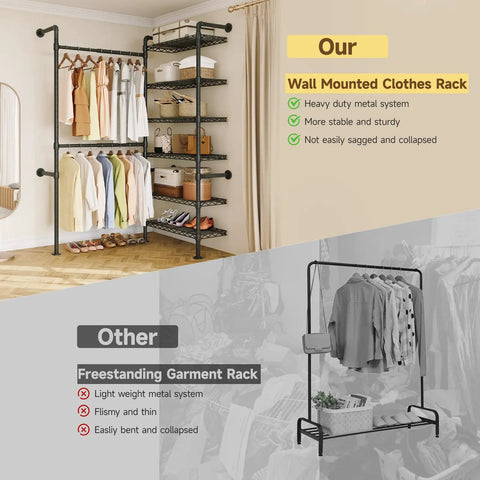 Industrial Pipe Wall Mounted Closet System With Retractable Rods And Heavy Duty Metal Mesh Shelves showcasing clothing racks and storage options.