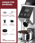 Level Up Your Daily Cup With This Rock Solid Conical Burr Coffee Grinder Packing 48 Precision Settings And Butter Smooth Electric Grinding For Fresh Espresso To French Press Perfection In Sleek Silver showing dosing cup and portafilter holder.