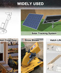 Built Tough 12V Linear Actuator With 10 Inch Stroke And Mounting Bracket, shown in various applications like solar tracking and chicken coops.