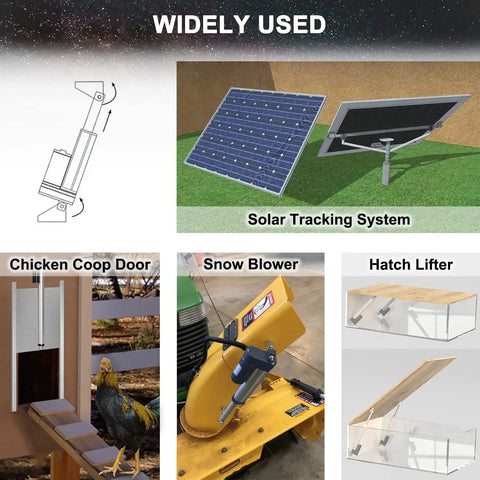 Four Inch Stroke 12V Linear Actuator Beefy 900N Load IP65 Waterproof Outdoor Ready, shown in diverse DIY applications like chicken coops and snow blowers.