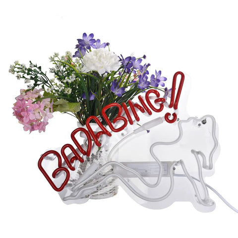 Bada Bing Bar Neon Light Sign 40 By 30 Cm Handmade Glass Neon Tubes On Transparent Backboard Wall Decor For Bedroom Office Pub Cafe Recreation Room No Installation Needed With On Off Switch And Easy Hanging Chain with floral arrangement