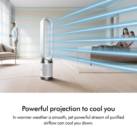 Purifier Cool PC1 Bladeless Air Purifier Tower Fan With HEPA and Activated Carbon Filter in a modern living room scene.