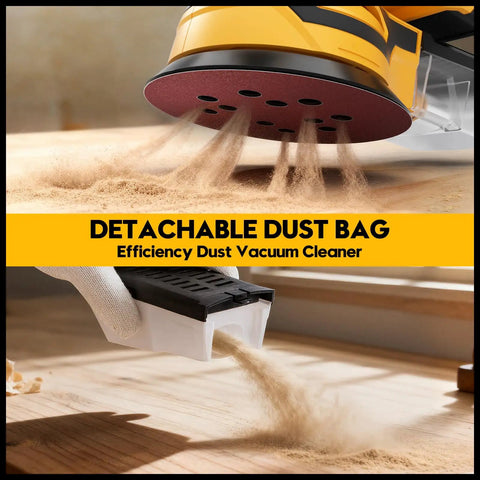 Cordless Random Orbital Sander With Brushless Motor Built Tough To Hustle Through Woodworking kicks up dust from a detachable dust bag.