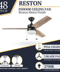 48 Inch Modern Farmhouse LED Ceiling Fan With Light And Pull Chain Indoor Use Dual Mounting Bronze Finish