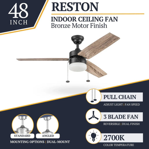 48 Inch Modern Farmhouse LED Ceiling Fan With Light And Pull Chain Indoor Use Dual Mounting Bronze Finish