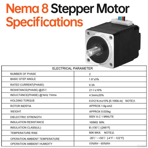 Nema 8 Stepper Motor with specifications table, 2 phase, 1.8 degree step, high torque, 25mm body, for DIY Projects, CNC, 3D printers.