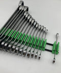 Space Saving 42 Wrench Organizer Set with Infinitely Adjustable Dividers holding wrenches in a durable green finish