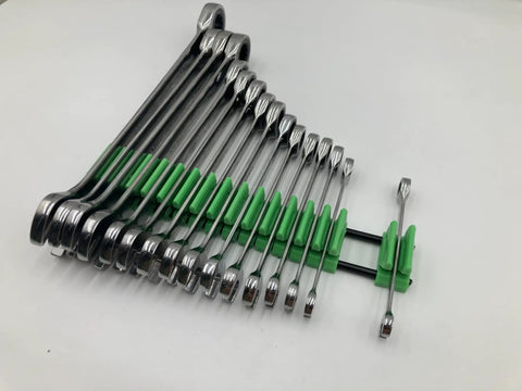 Space Saving 42 Wrench Organizer Set with Infinitely Adjustable Dividers holding wrenches in a durable green finish