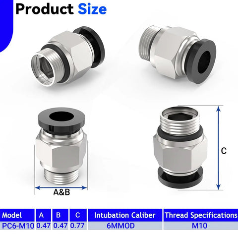 30 Pack Push To Connect Pneumatic Fittings 6Mm OD Tube With M10 Thread shown in various angles with size details