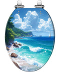 Elongated Toilet Seat Cover Quiet Close Easy Clean for Home with beach landscape design, fits most standard toilets.