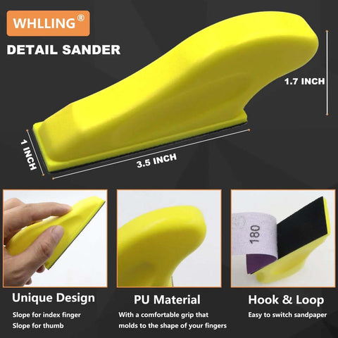 Handy 70 Piece Hand Sander Kit With Micro Finger Sander, 3.5 by 1 inch pad, yellow grip, hook and loop sandpaper attachment.