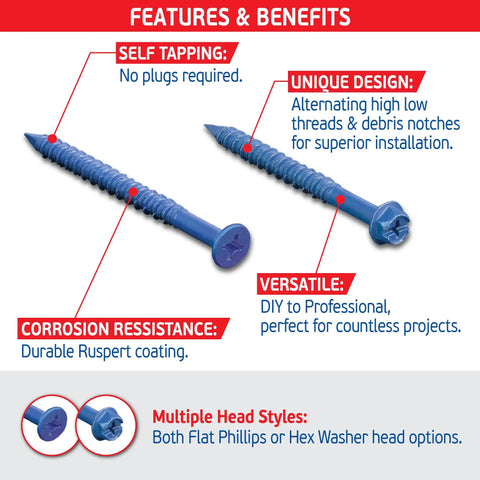 Blue Concrete Screw Kit With 240 Piece Set For Concrete Masonry Wood And Brick Includes Flat Head And Hex Head Screws