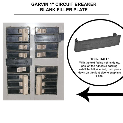 Solid Three Quarters Inch Universal Breaker Filler Plate BF075SQD 10 Pack for Electrical Panels showing installation guide and panel slots