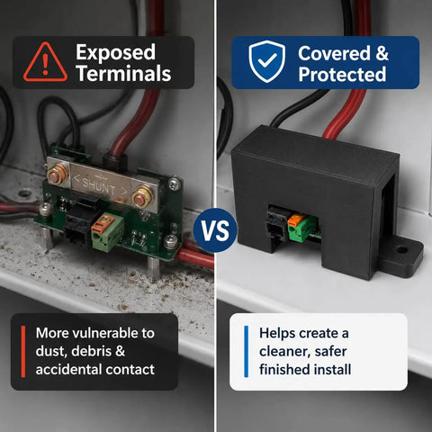 Tough As Nails Shunt Cover Compatible With Victron Bmv 700 710 712 Smart Screw Mount protective enclosure blocking dust from battery terminals.