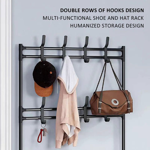Three In One Tree Storage Bench With Industrial Shoe Rack And Eight Hooks Space Saving Organizer displayed with coats and bags
