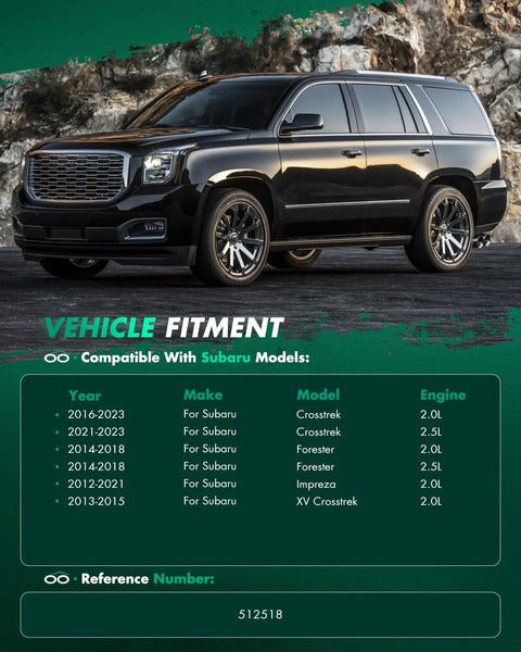 Vehicle fitment chart for AWD Subaru models with product reference number 512518 displayed over image of a black SUV on a road.
