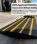 Heavy Duty Rubber Curb Ramps 2 Pack For Driveway Transition And Low Clearance Rides built on sidewalk, featuring yellow stripes.