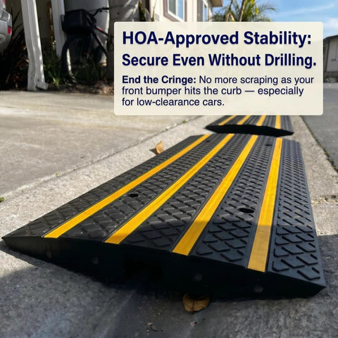 Heavy Duty Rubber Curb Ramps 2 Pack For Driveway Transition And Low Clearance Rides built on sidewalk, featuring yellow stripes.