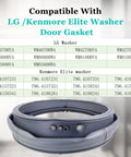 Washer Door Boot Seal Replacement For LG And Kenmore Fits WM8100HVA WM8000HVA WM4070HVA WM4270HVA And More Top Notch Gasket With Same Quality As AP5668418 PS6448330 3 Year Warranty gray rubber door gasket shown with compatible model list