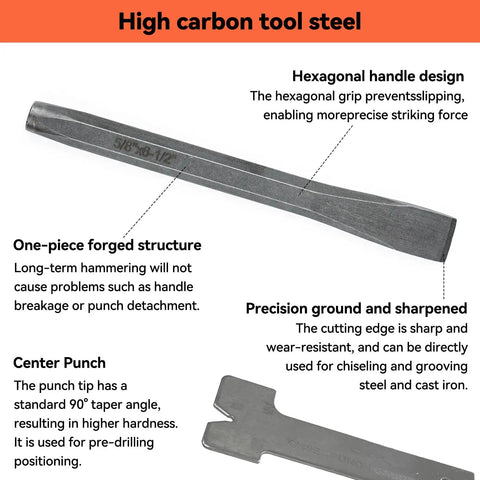Heavy Duty 16 Piece Punch And Chisel Set For Tough Metalworking Jobs With Cr-V Steel Tapered Pin Center Punches And Cold Chisels Perfect For Pro Auto Repair Shop Work That Gets The Job Done Right. 5/8 inch hex punch with forged high-carbon steel