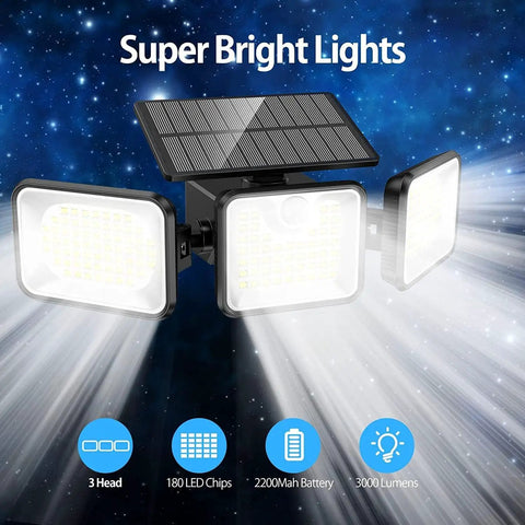 Image of Two Pack Solar Motion Sensor Outdoor Lights With 180 LEDs And 3000 Lumens, IP65 Waterproof, Three Adjustable Heads, Wide Angle Lighting, Easy No Fuss Install For Yard Patio And Garage, showing bright beams with icons detailing features.