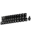 25 Piece 3/8 Inch Drive 6 Point SAE Impact Socket Set showing standard and deep sockets with black oxide finish