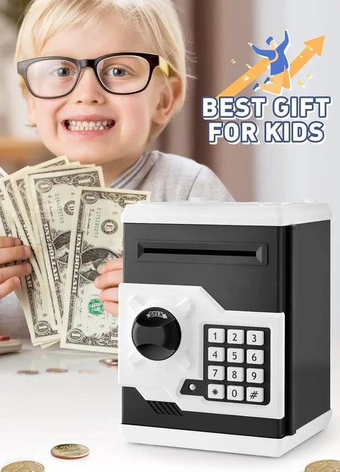 Child smiling with Electronic Piggy Bank For Kids With Password Protection And Automatic Money Scroll Save Box on table