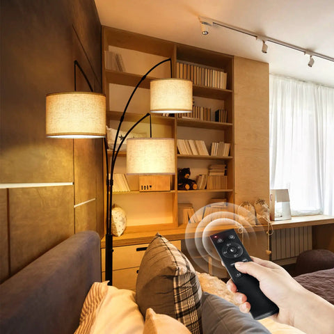 Arc LED Floor Lamp With Remote Control, Dimmable Three Light Arched Tall Lamp in bedroom corner with beige lampshade