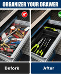 68 Piece Tool Box Organizer Tray Set With 5 Sizes XL L M S XS For Garage And Workshop Drawer Storage DIY Tinker Ready Customizable Compartments showing before and after organization of tools in a drawer.