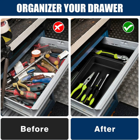 68 Piece Tool Box Organizer Tray Set With 5 Sizes XL L M S XS For Garage And Workshop Drawer Storage DIY Tinker Ready Customizable Compartments showing before and after organization of tools in a drawer.