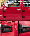 Black door hinge cover trim set for Jeep Wrangler JK/JKU (8-piece) with red screws on exterior hinges.