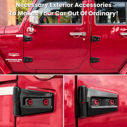 Black door hinge cover trim set for Jeep Wrangler JK/JKU (8-piece) with red screws on exterior hinges.