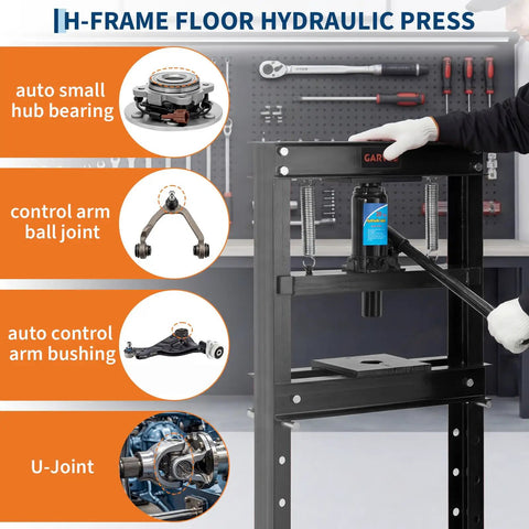 20 Ton H Frame Hydraulic Shop Press Built Tough For Heavy Duty DIY And Industrial Use With Stable Power Output Pro Grade Steel Frame Ideal For Bearings Bushings Ball Joints Press Fittings And More, black steel frame in garage