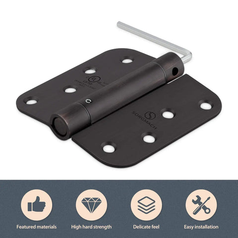Oil Rubbed Bronze Self Closing Hinge With Adjustable Spring, Auto Close Door Hardware, Five Eighth Inch Radius Corner, shown with hex key