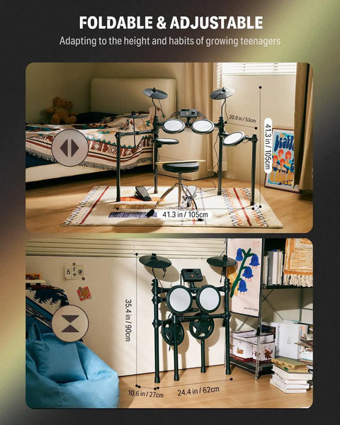 Foldable starter electronic drum kit for beginners with 150 sounds, quiet mesh pads, USB MIDI, nine inch cymbals, adjustable height