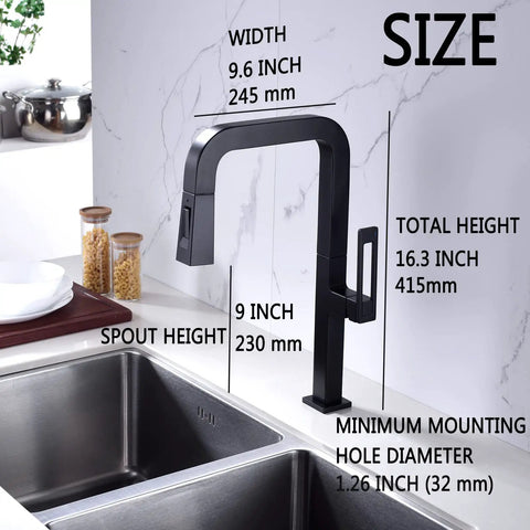 Brass Kitchen Faucet With Pull Down Sprayer, Square Matte Black Single Hole Bar Sink Faucet with measurement details